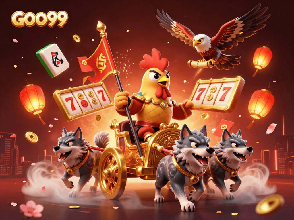 Engage with GOO99's thrilling slots featuring a rooster warlord with golden elements and dynamic game visuals.