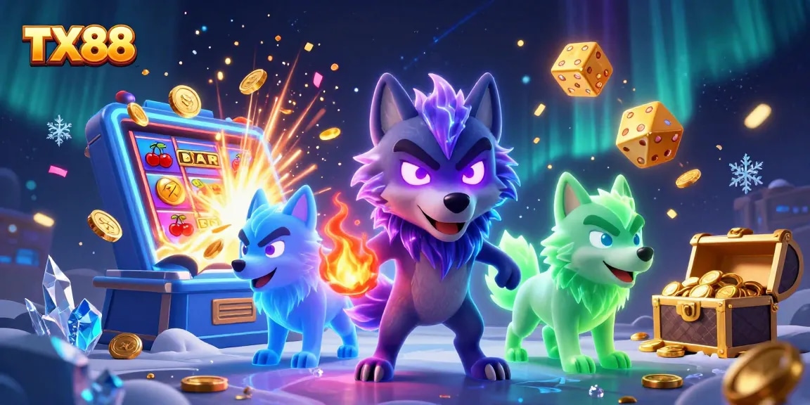 Win big at TX88 with vibrant cartoon wolves celebrating around a jackpot-filled slot machine!