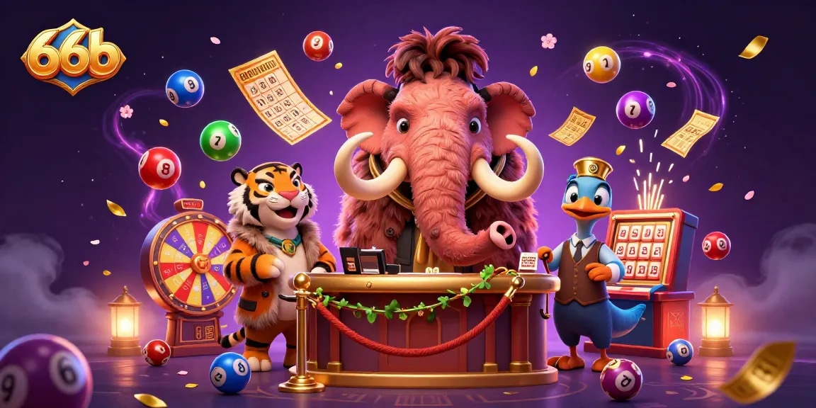Experience thrilling excitement at 66b with a vibrant casino scene featuring colorful lottery elements and charming characters.