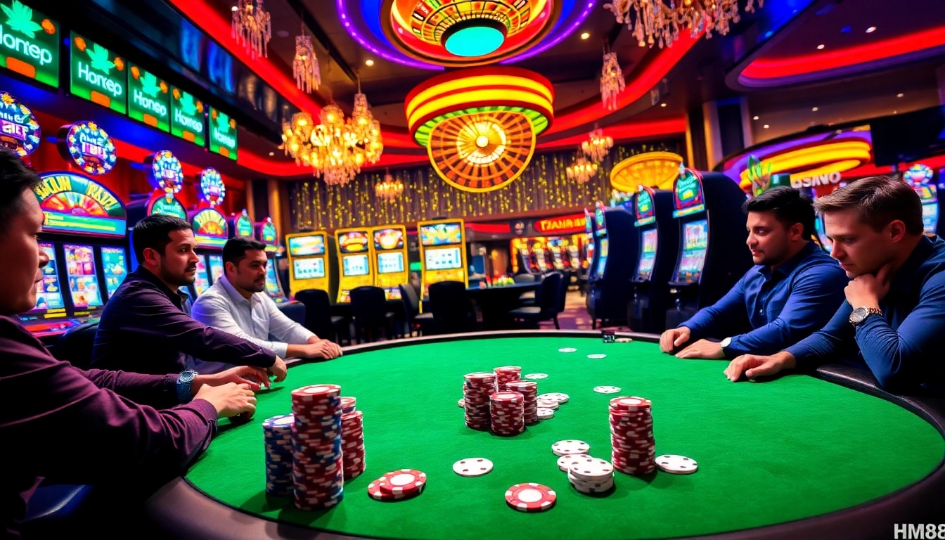 Players enjoying high-stakes gaming at hm88 casino featuring poker, roulette, and vibrant slot machines.