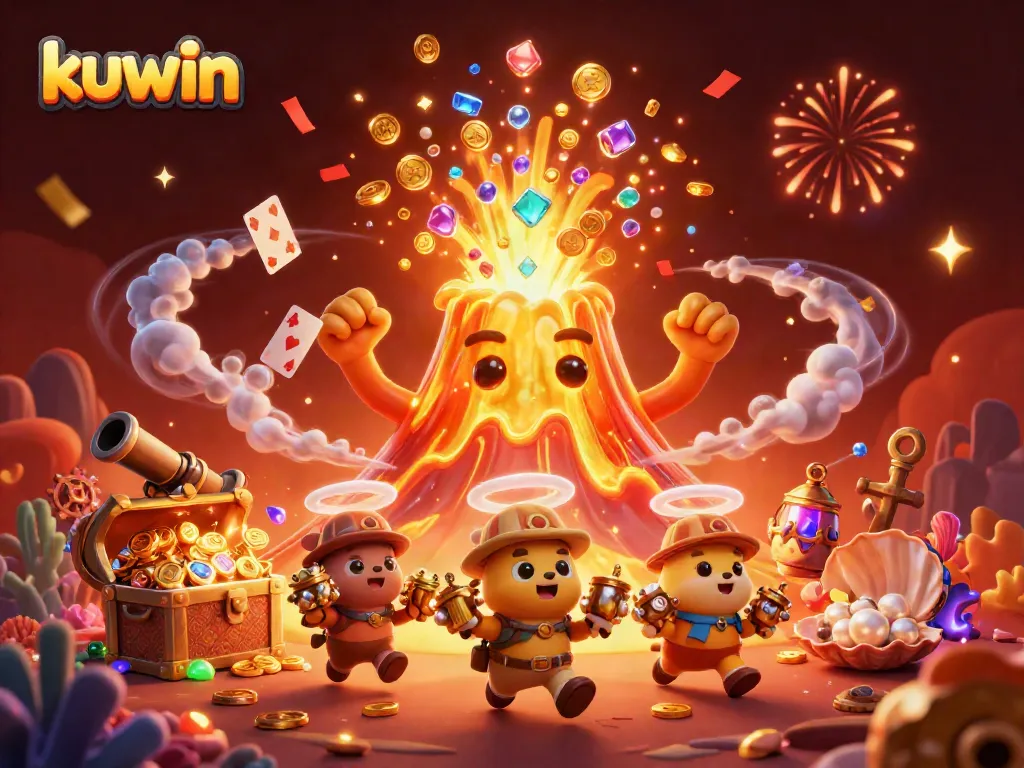 Kuwin engages players with a thrilling 3D casino scene featuring a volcano erupting coins, treasure chest, and festive elements.