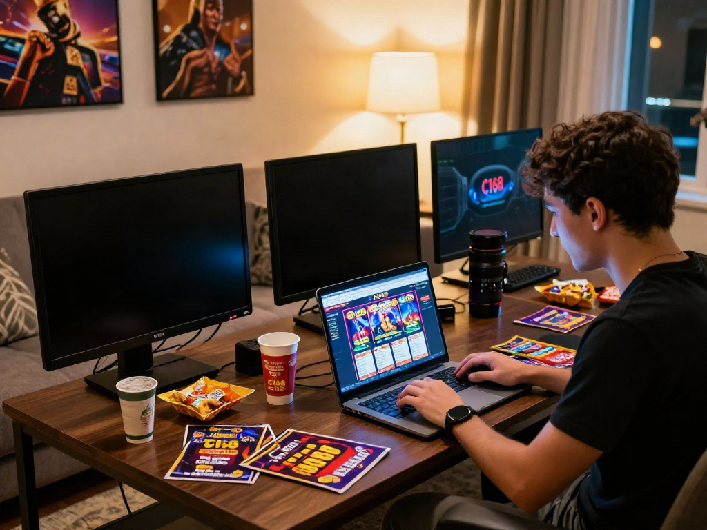 Player enjoying online gaming at C168 slot website in a cozy living room.