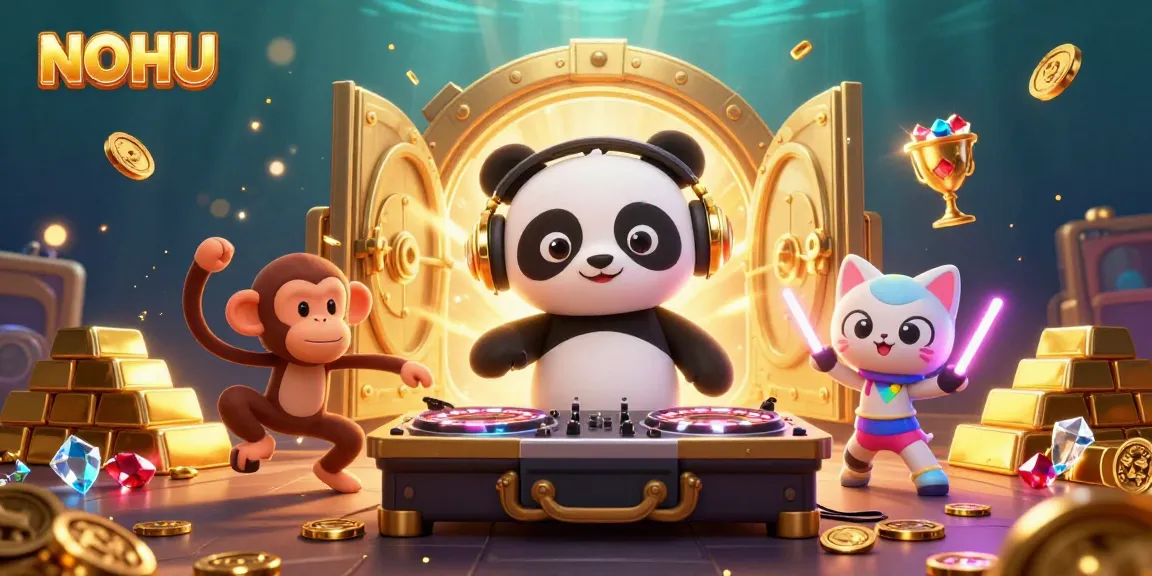 Experience the thrilling excitement of NOHU with vibrant casino characters celebrating around a jackpot!