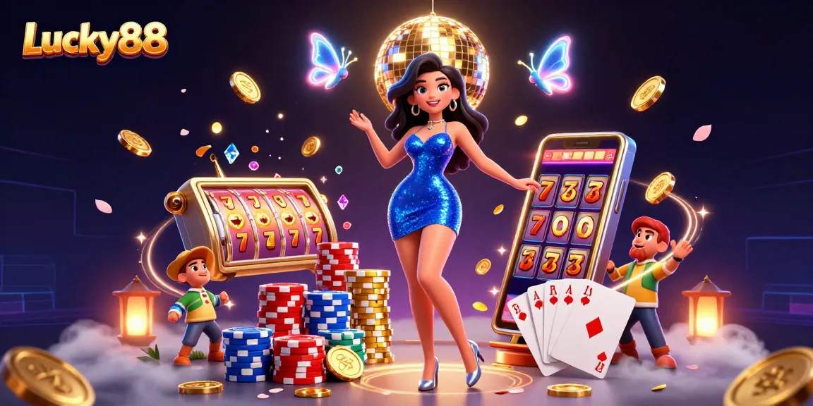 Experience dynamic gaming action with Lucky88, showcasing vibrant slot reels and exciting casino elements.