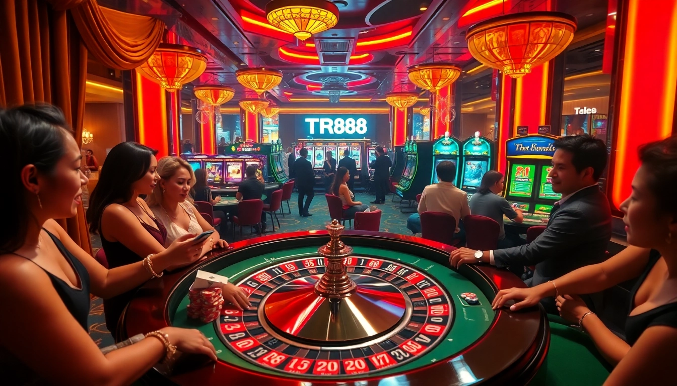 A dynamic roulette game scene at TR88 casino, highlighting players engaged in thrilling bets amid vibrant colors and casino ambiance.