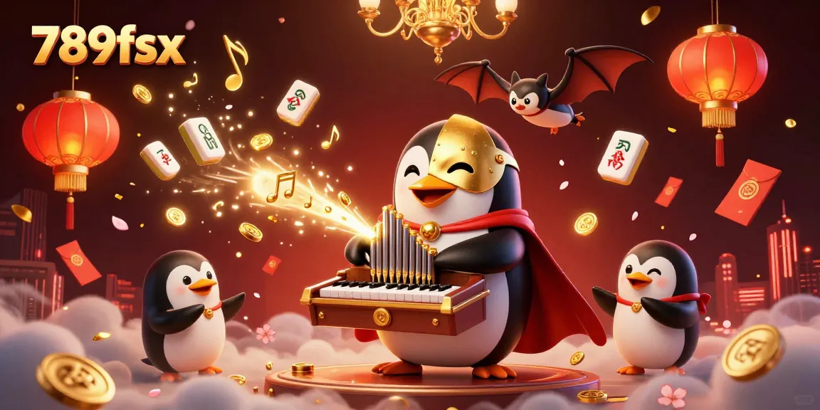 Experience the thrill of gambling at 789fzx with a penguin playing a grand organ amidst golden coins and festive decor.