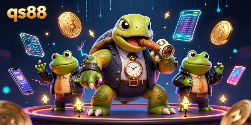Experience thrilling action at qs88 with a vibrant casino scene featuring a snapping turtle in a suit.