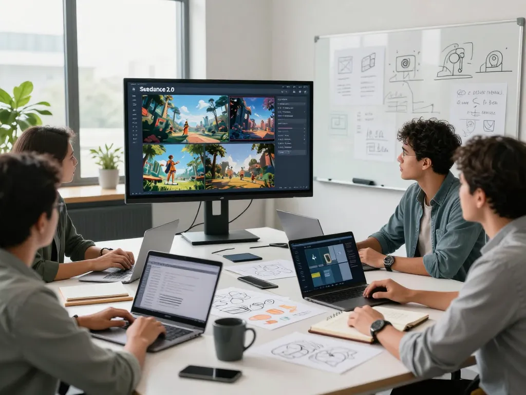 Team collaborating using ai seedance 2.0 for dynamic video production in a modern office.