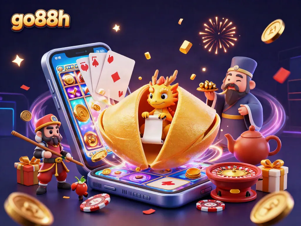 Join in the excitement at go88h with a captivating 3D casino scene featuring dragons, fortune cookies, and slot games.