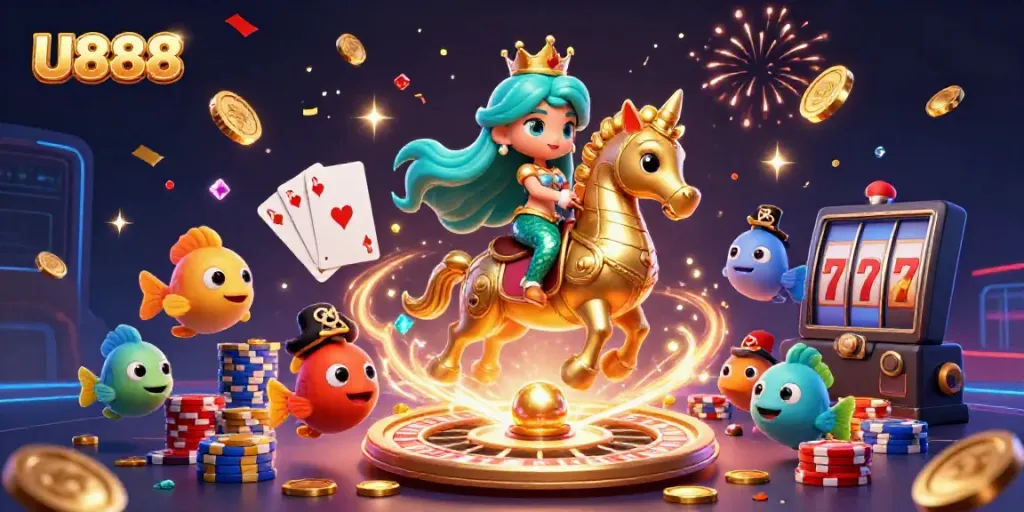 Capture the excitement at U888 with a mermaid princess in a dynamic casino setting.