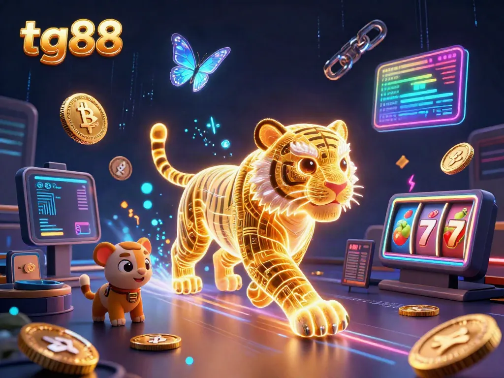 Experience the thrilling tg88 digital casino with a neon tiger and holographic butterflies amidst dynamic gaming elements.