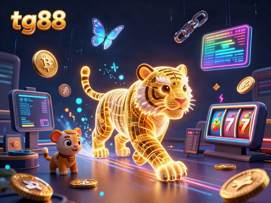 Experience the thrilling tg88 digital casino with a neon tiger and holographic butterflies amidst dynamic gaming elements.