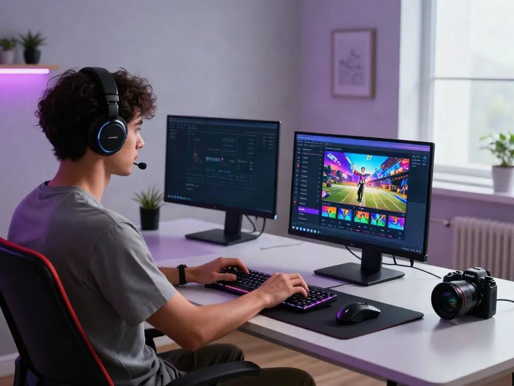 Engaged player using the FIVE88 platform in a vibrant gaming home office.