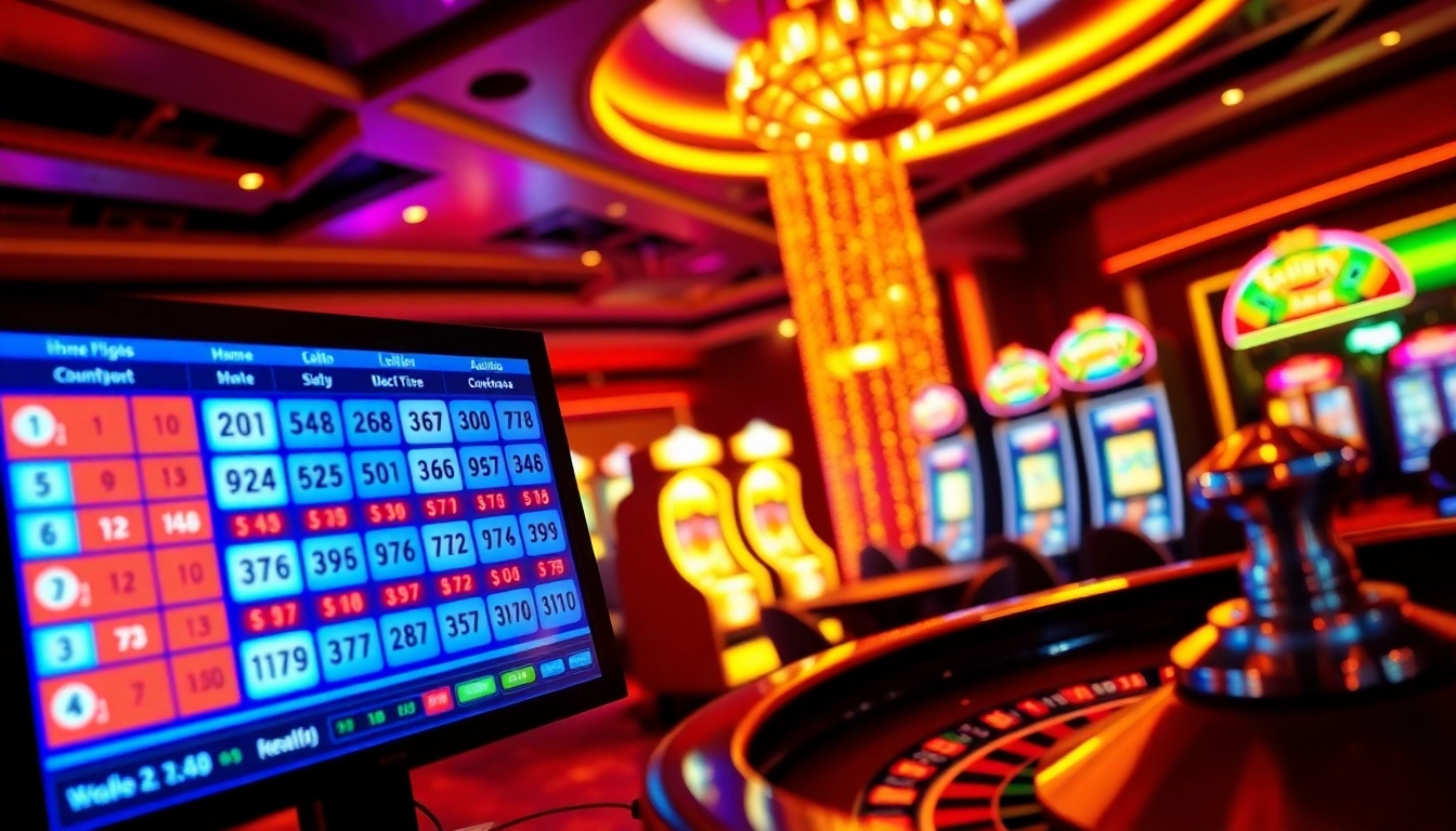 Lô đề 98win captures the excitement of online betting in a vibrant casino setting, showcasing digital lottery interfaces and dynamic gaming elements.