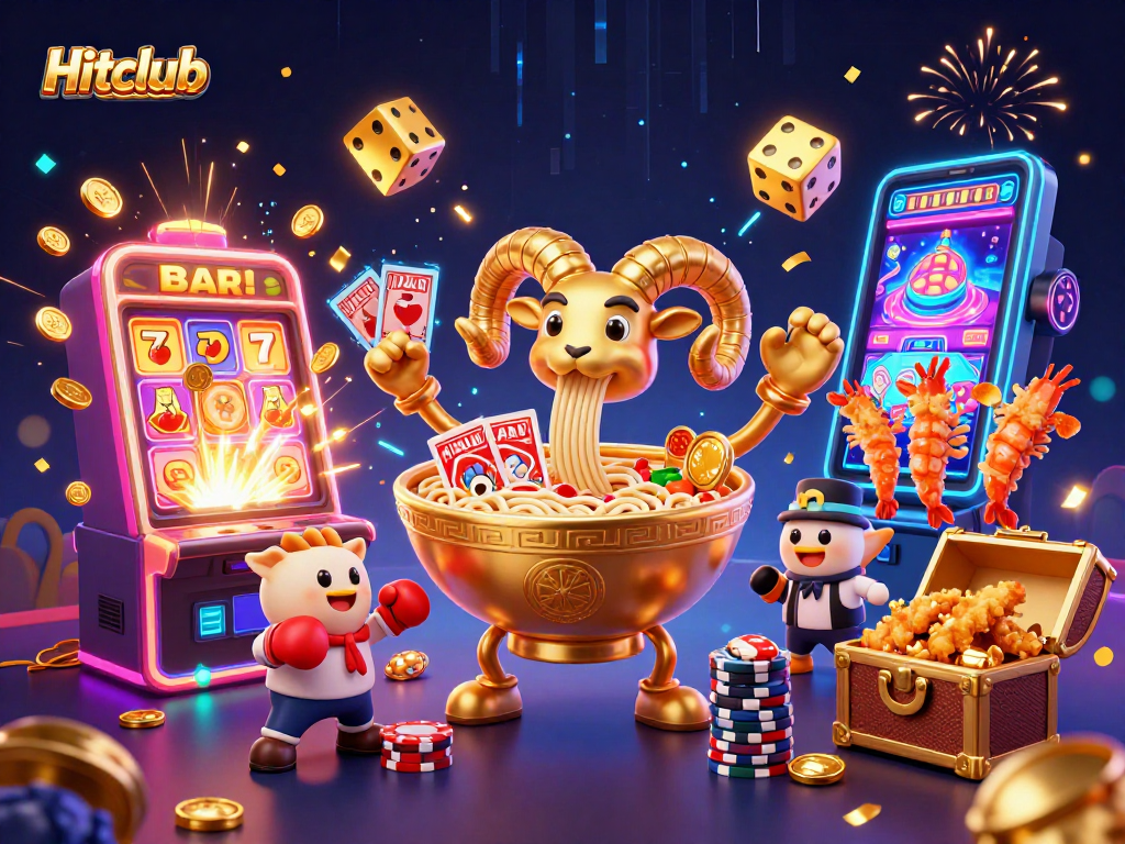 Engage with Hitclub's vibrant 3D casino illustration featuring playful characters and dynamic game elements.