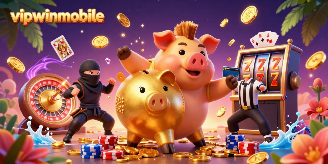 Join the action with vipwinmobile as the golden piggy bank sumo wrestler wins big amidst cascading coins and lively casino elements.