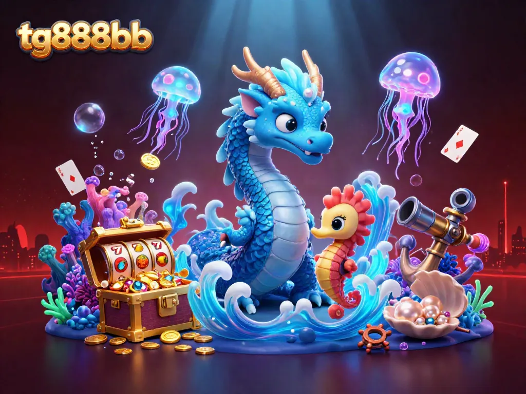 Immerse in tg888bb's vibrant gameplay featuring a majestic water dragon, thrilling slots, and glowing elements.