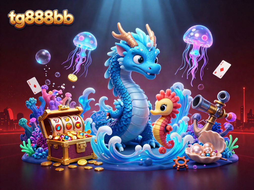 Immerse in tg888bb's vibrant gameplay featuring a majestic water dragon, thrilling slots, and glowing elements.