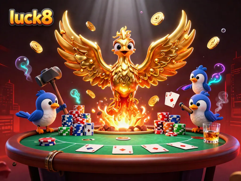 Witness luck8's poker fortune with a molten phoenix and gold coins in a dynamic casino scene.