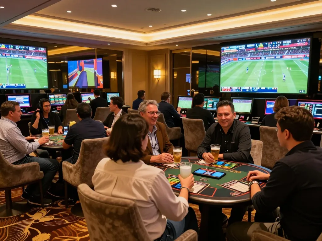 Betting excitement at 88คลับ with gamblers watching live sports events in a luxurious casino.
