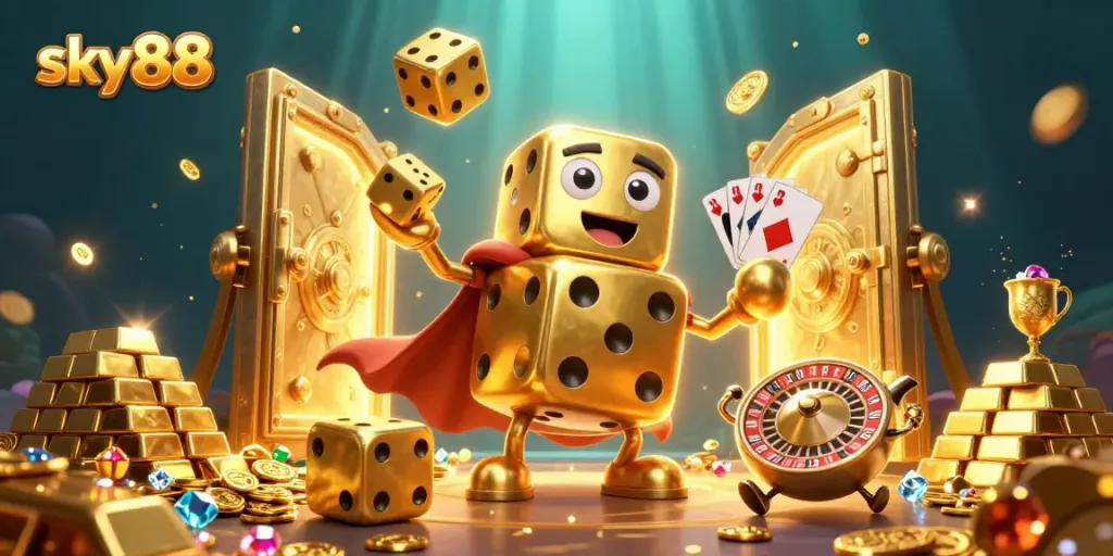 Play thrilling games at sky88 Casino with captivating golden dice and sparkling treasures.