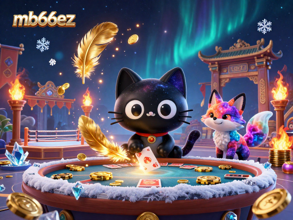 Experience mb66ez at a cosmic casino with a black hole cat and nebula fox pulling in chips and cards.