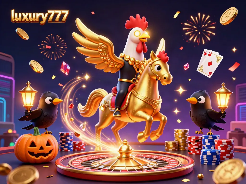 Experience the excitement of luxury777 with a golden rooster and casino treasures in a vibrant 3D scene.