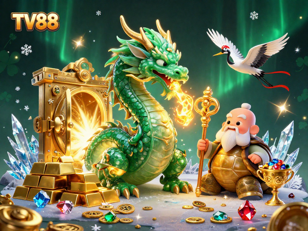 Immerse in the TV88 gaming universe with a vibrant dragon, sage, and lucky cranes amidst treasures.