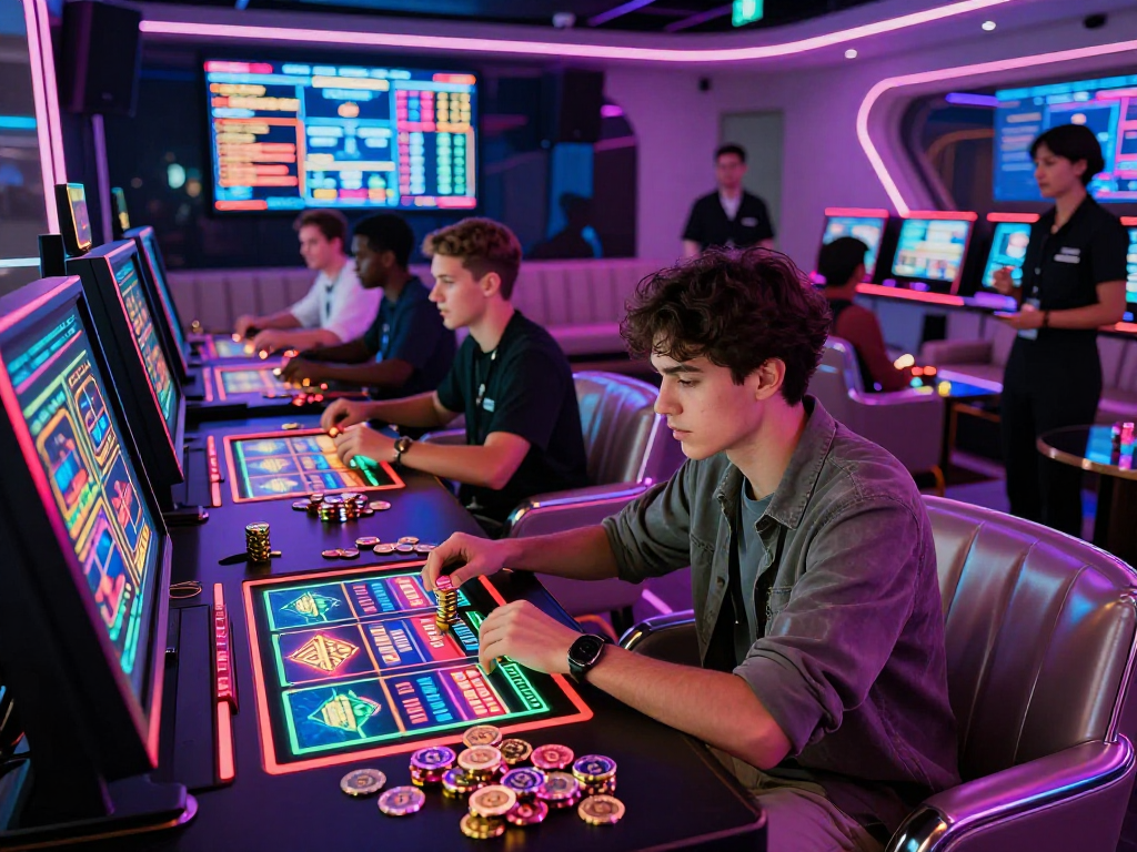 Exciting crypto casino atmosphere featuring diverse players engaging with digital slots and vibrant crypto tokens.