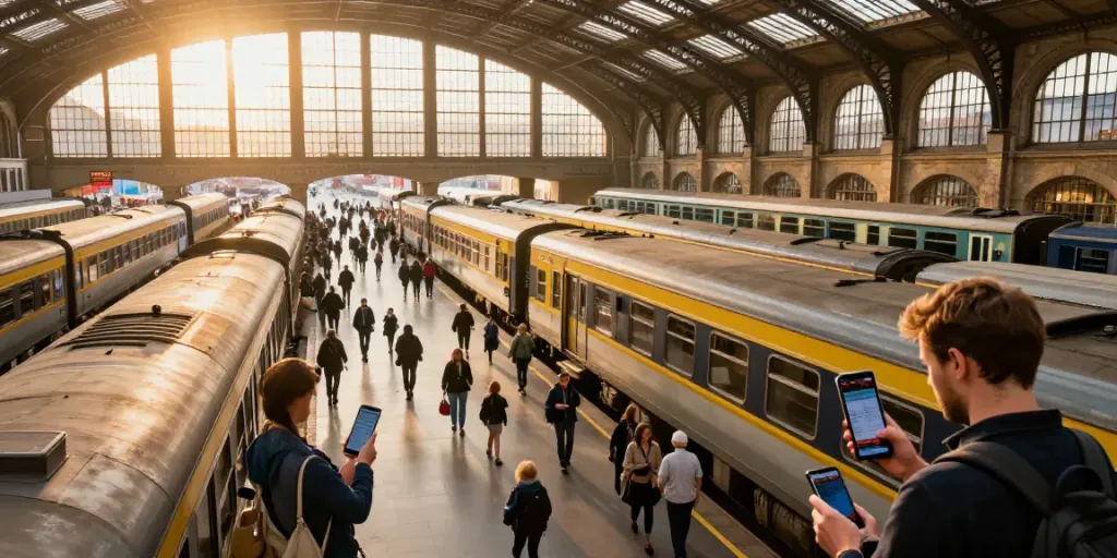 Compare train ticket prices at a busy train station, travelers planning their journey.