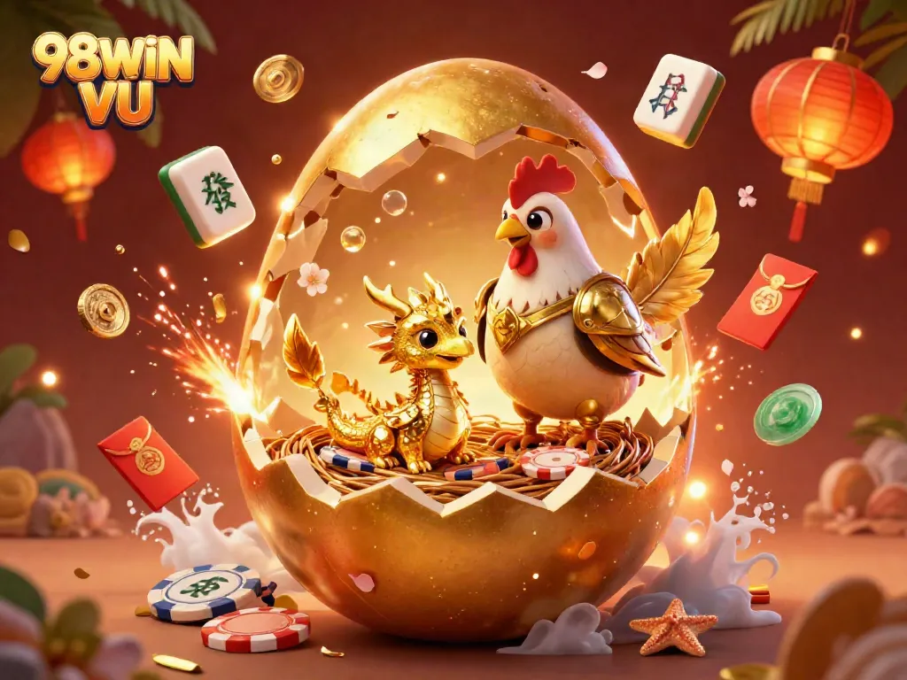 Experience thrilling online gaming adventures with 98WIN VU, featuring a lavish scene of golden dragon and poker chips.