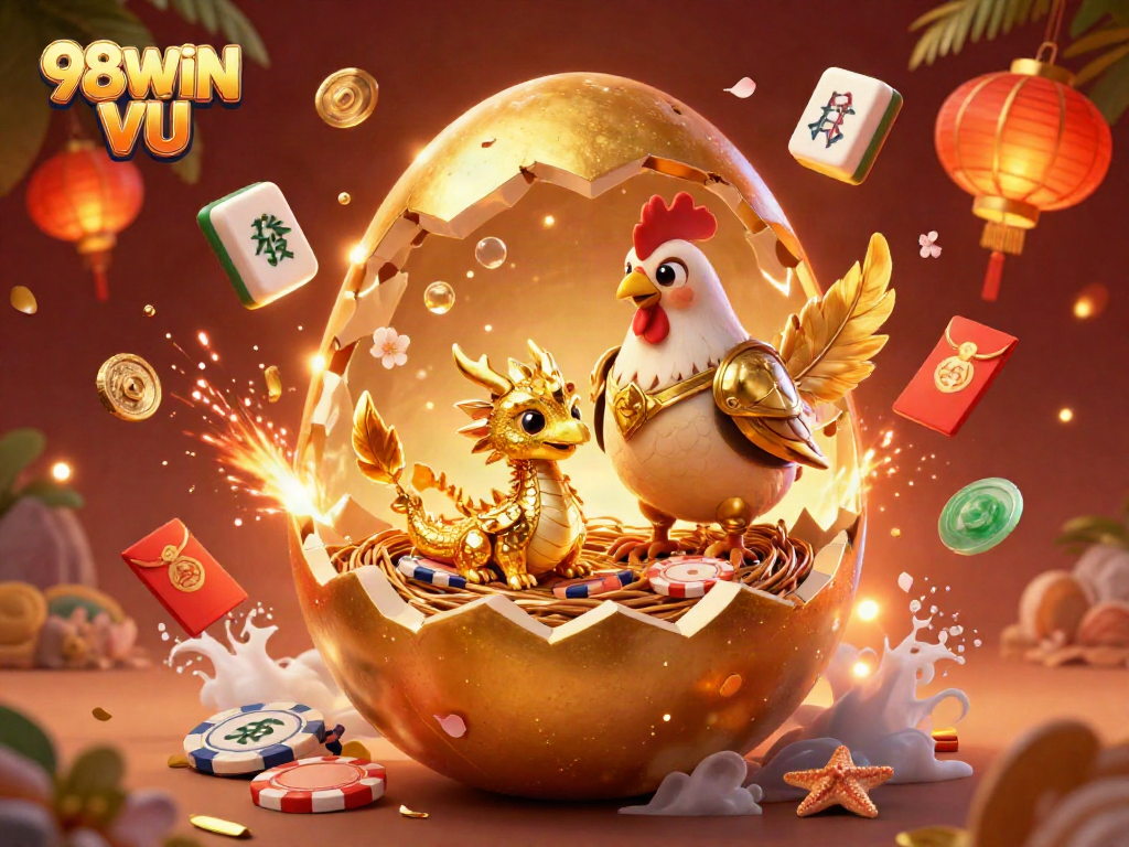 Experience thrilling online gaming adventures with 98WIN VU, featuring a lavish scene of golden dragon and poker chips.