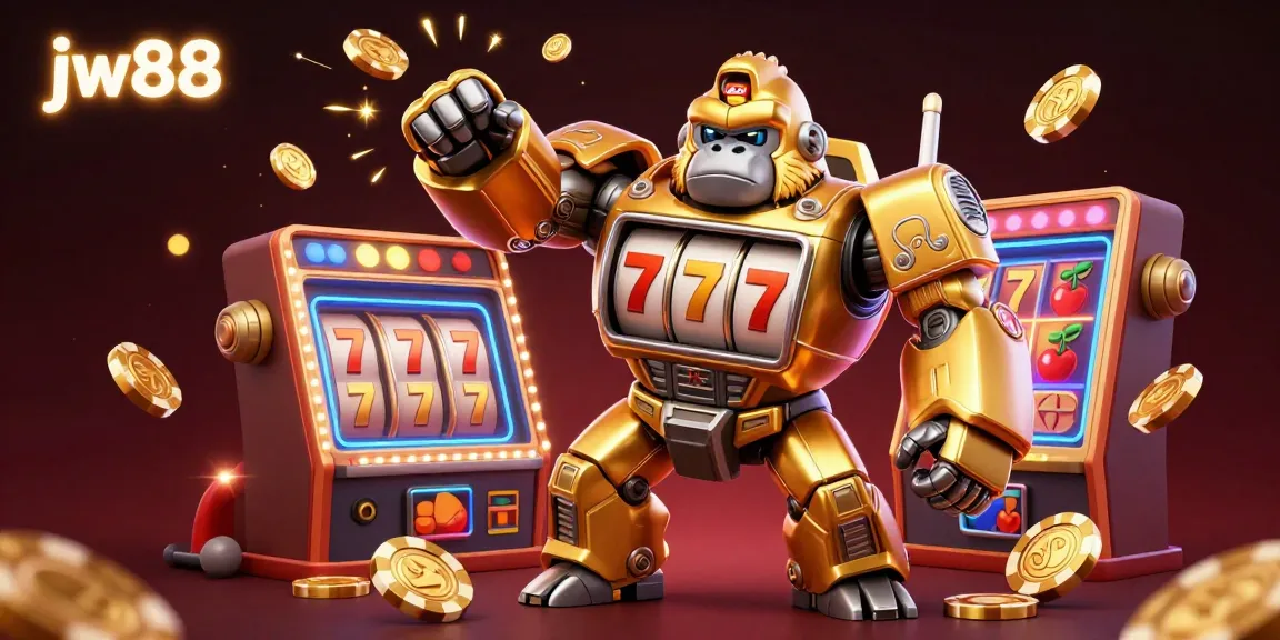 Experience thrilling gameplay with jw88's golden gorilla mech and slot machine elements bursting with coins.