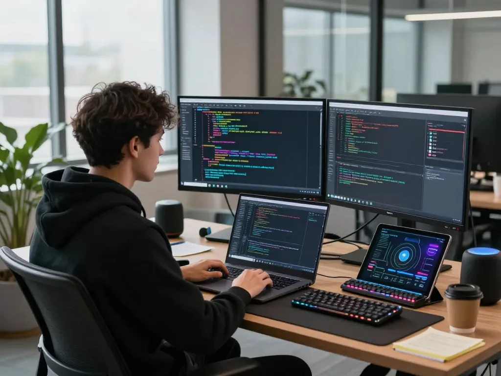 MoltBot AI developer coding in a modern tech workspace with dual monitors, keyboard, and innovative tools.