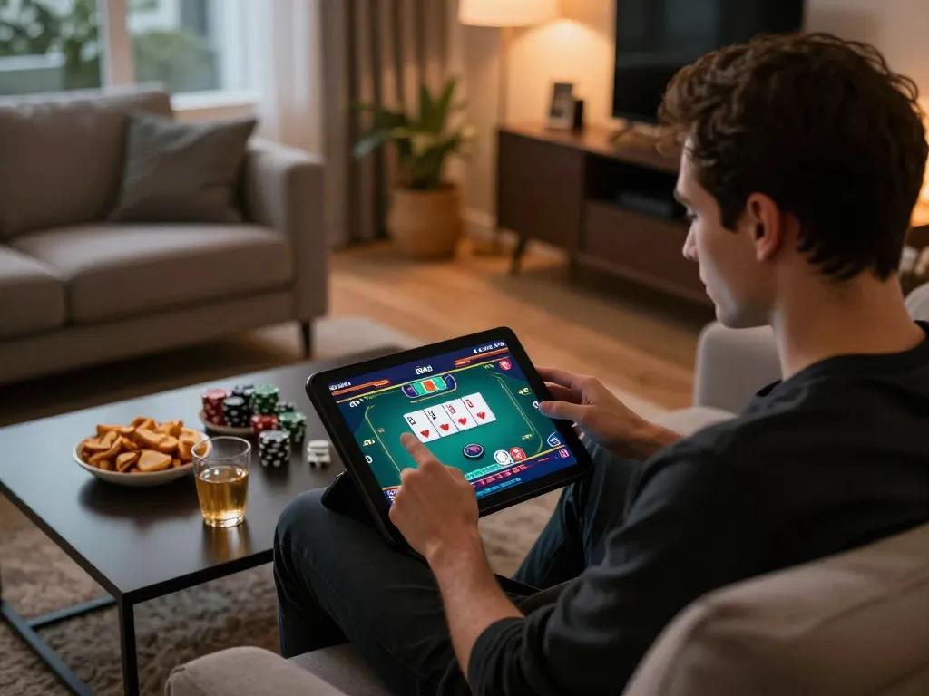 Player enjoying hitclub poker game on tablet in a stylish home environment with snacks.
