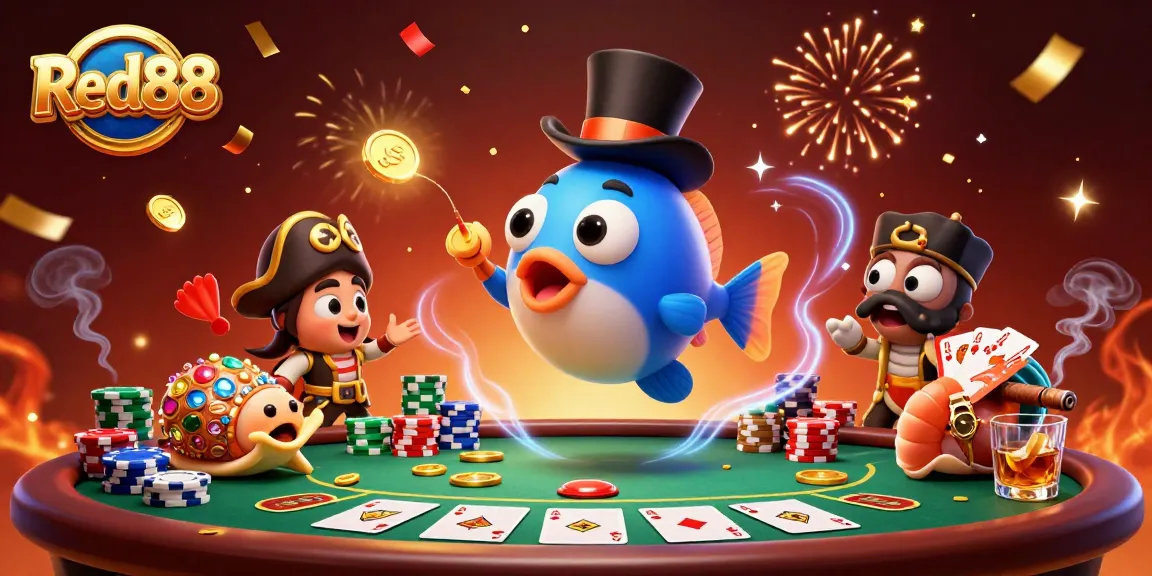 Red88 anglerfish lures golden coins in a vibrant casino scene with poker elements.