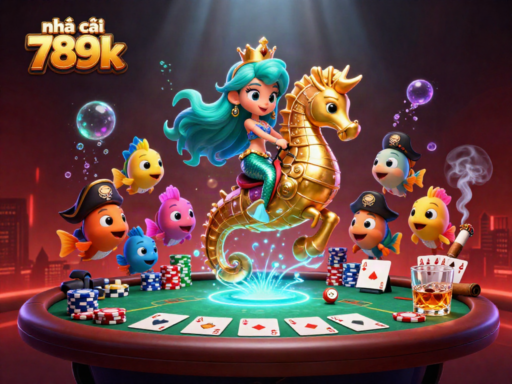 nhà cái 789k showcases immersive underwater gaming scene with vibrant characters and poker elements.