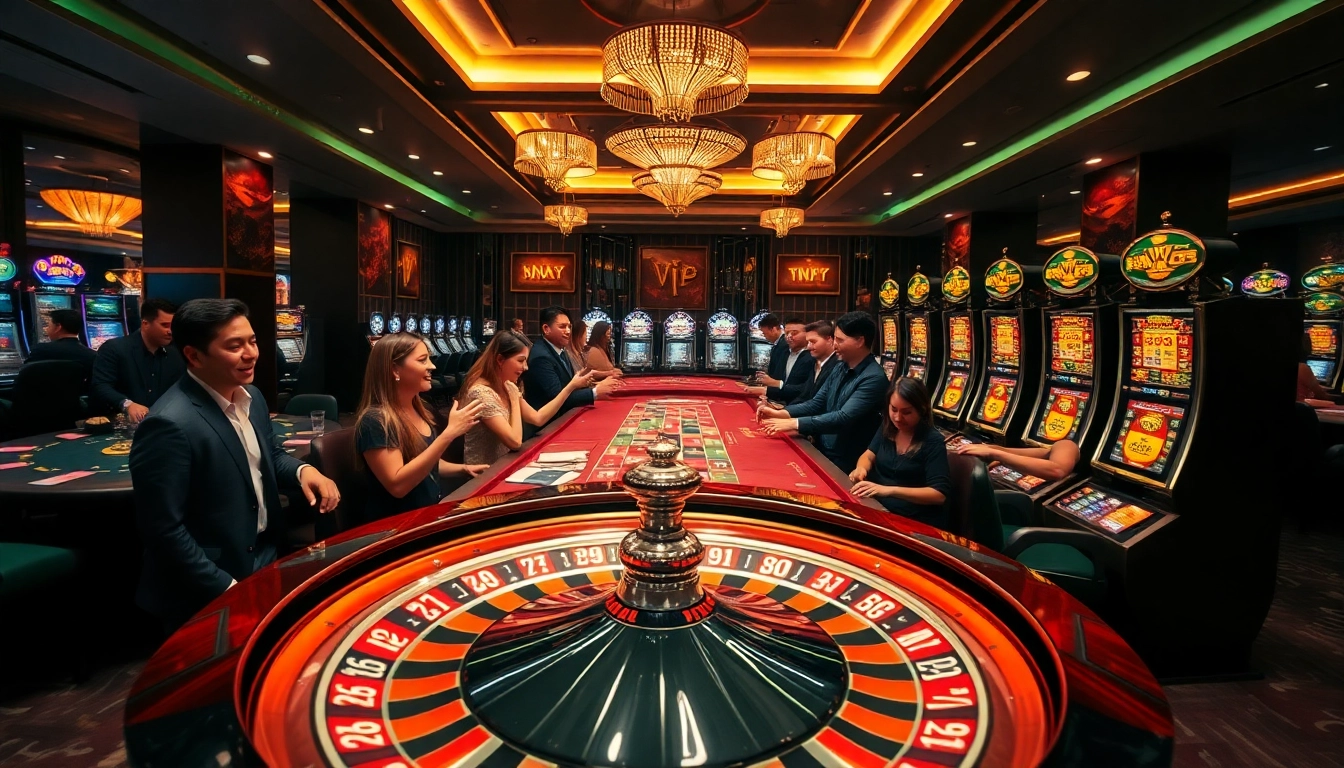 Players enjoying thrilling games at 789winn casino, featuring vibrant slots and poker tables.