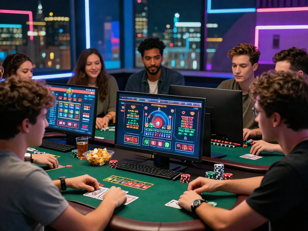Engaged friends enjoying online gambling on trang chủ 78win in a lively environment.