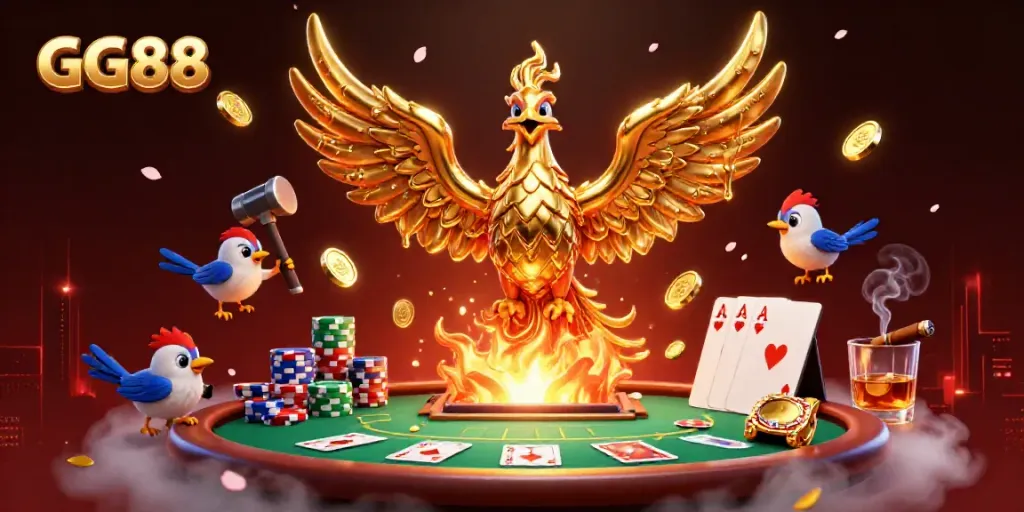 Experience the thrill of GG88 casino with dynamic poker scenes and a golden phoenix.