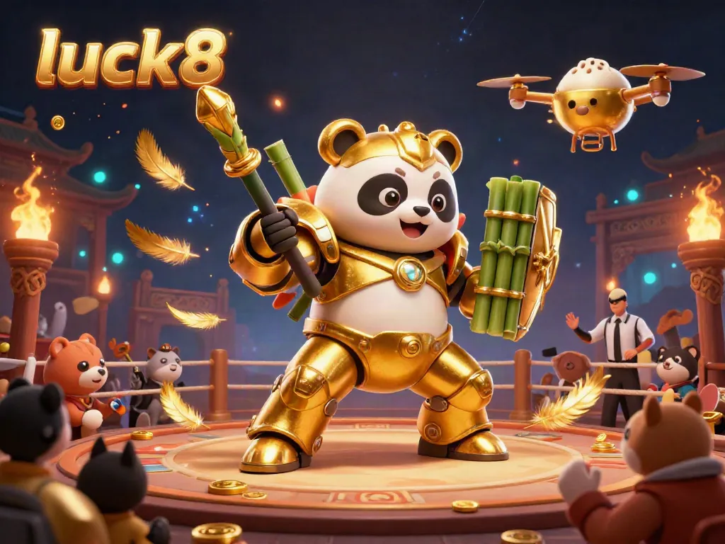 Engage with luck8's thrilling gaming experience as a golden panda combats in a dynamic arena filled with excitement.