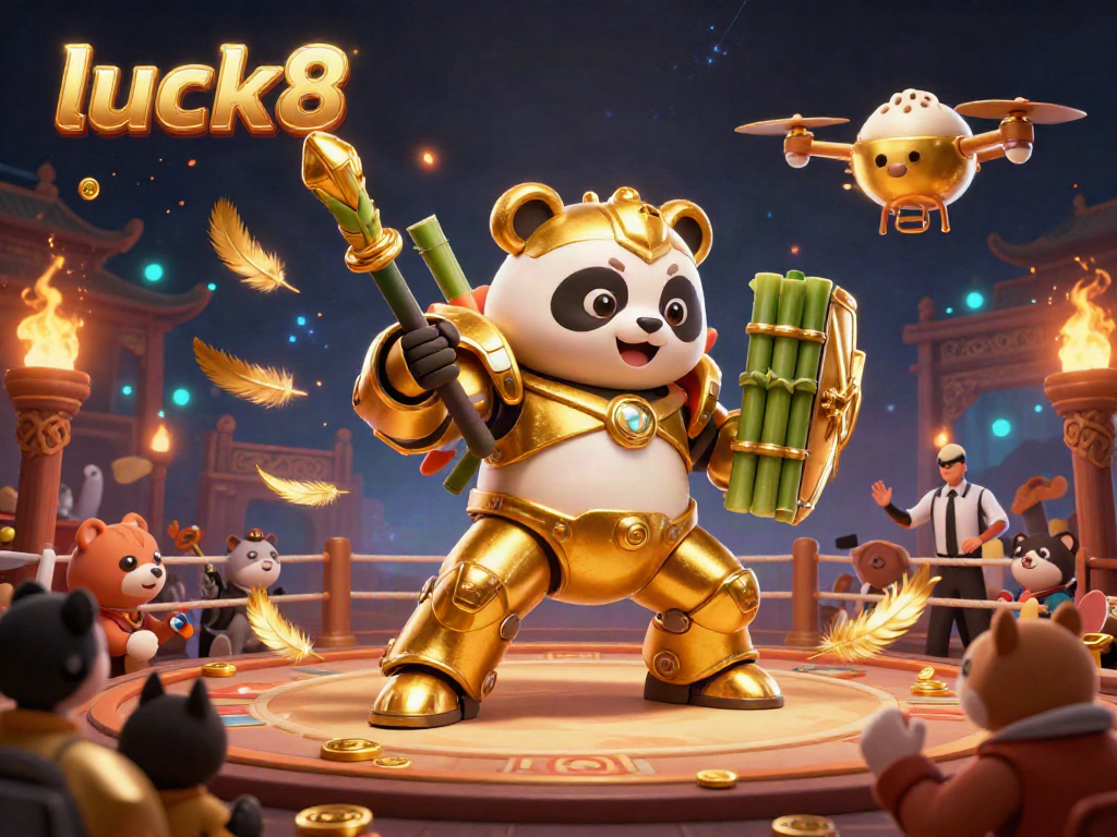Engage with luck8's thrilling gaming experience as a golden panda combats in a dynamic arena filled with excitement.