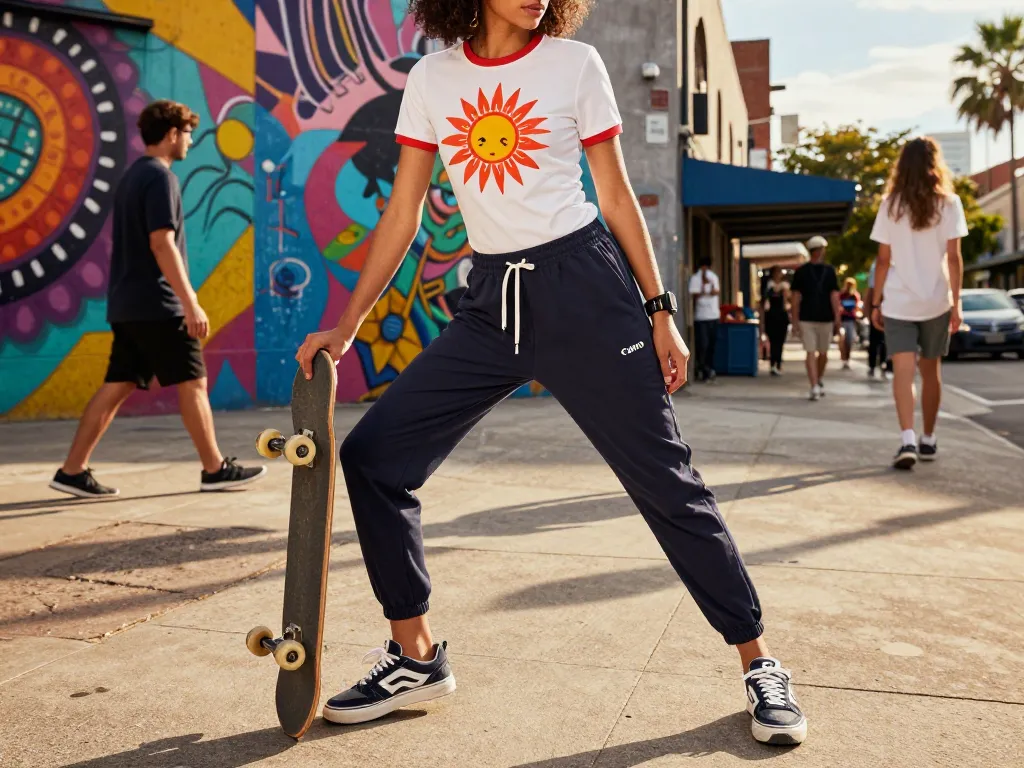 Vibrant urban scene featuring a person promoting sunwin activewear in stylish street fashion.