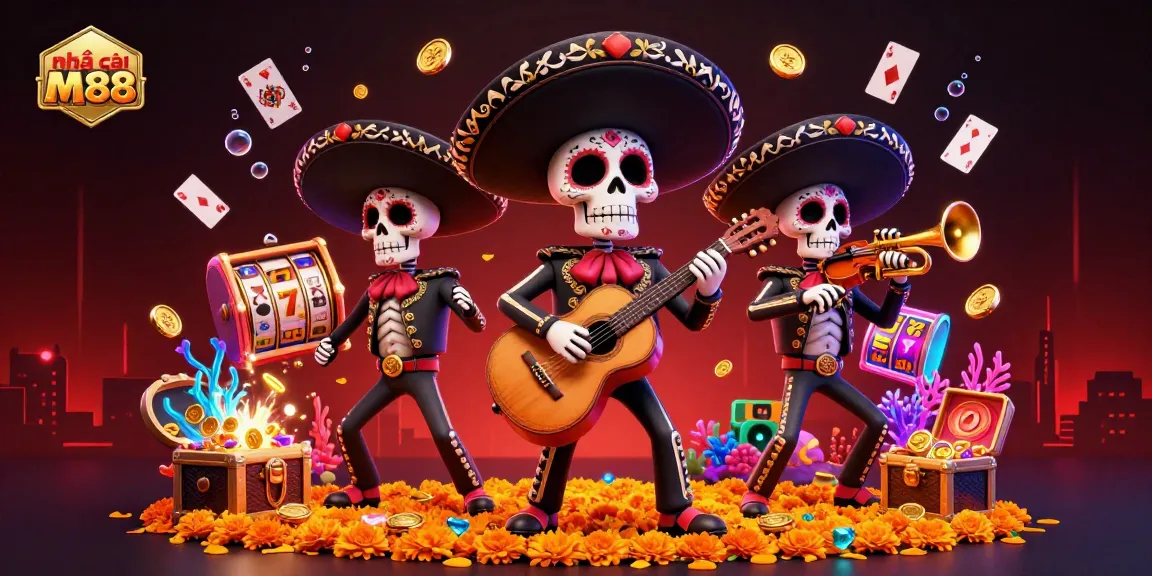 Experience exciting games at nhà cái M88 with a vibrant, colorful casino scene and mariachis.