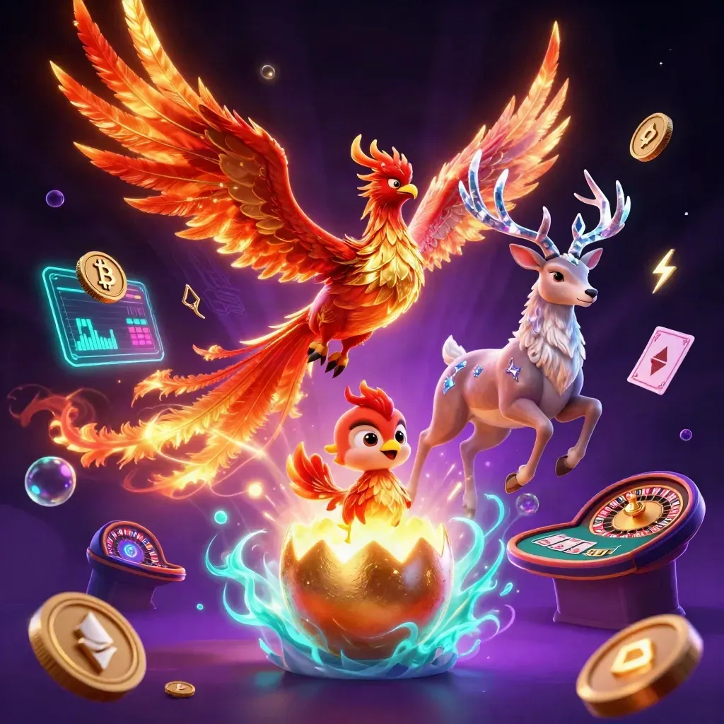 Phoenix, baby phoenix, and crystal stag amid casino coins, roulette wheel, and neon energy.