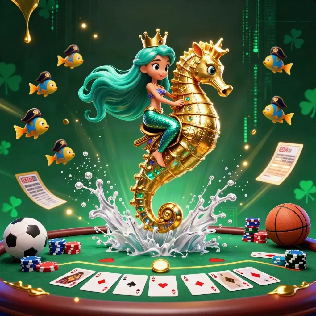 Mermaid princess on gold seahorse amid casino chips, cards, and flying sports balls.