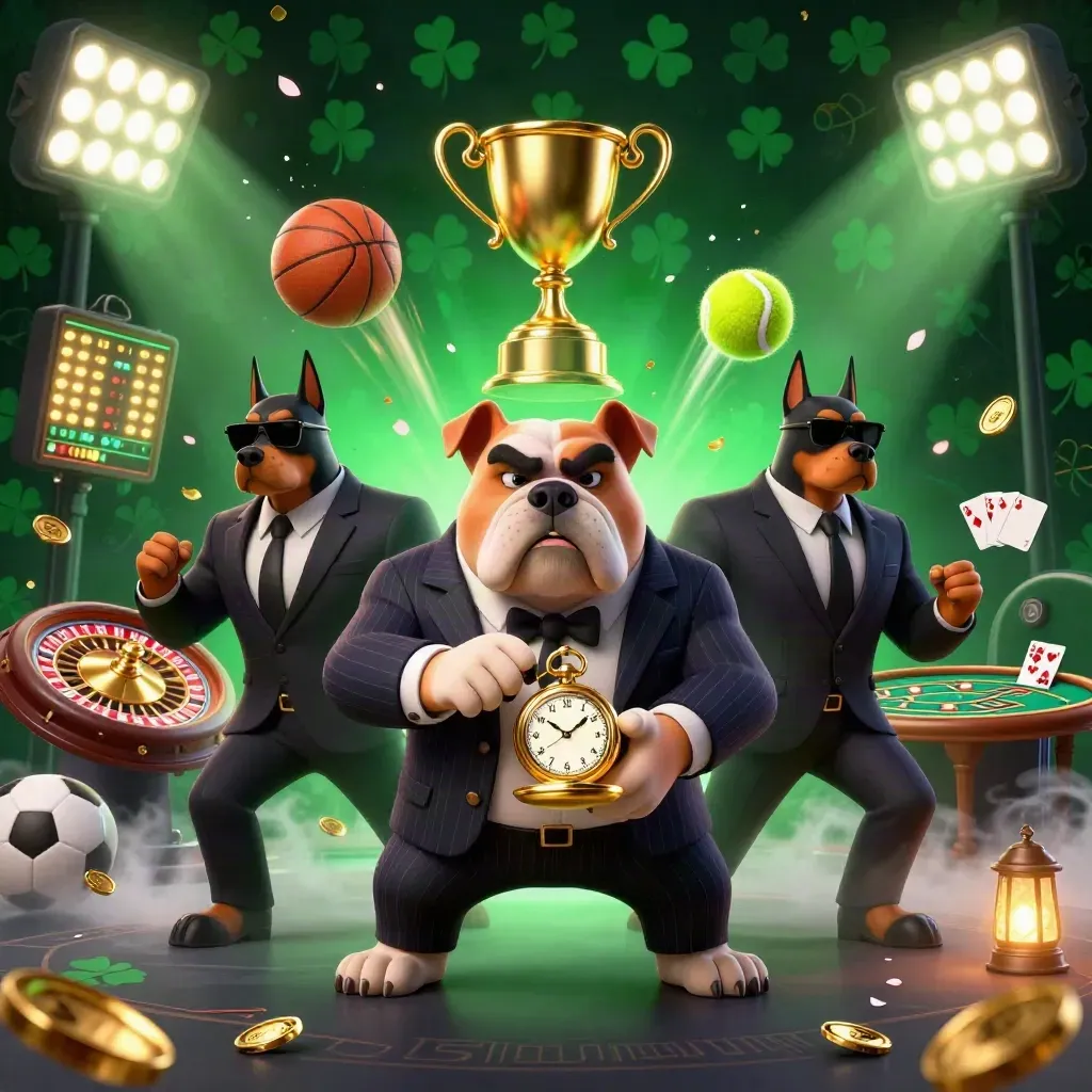 Bulldog boss and Doberman guards amid casino lights, trophy, coins, and flying sports balls.