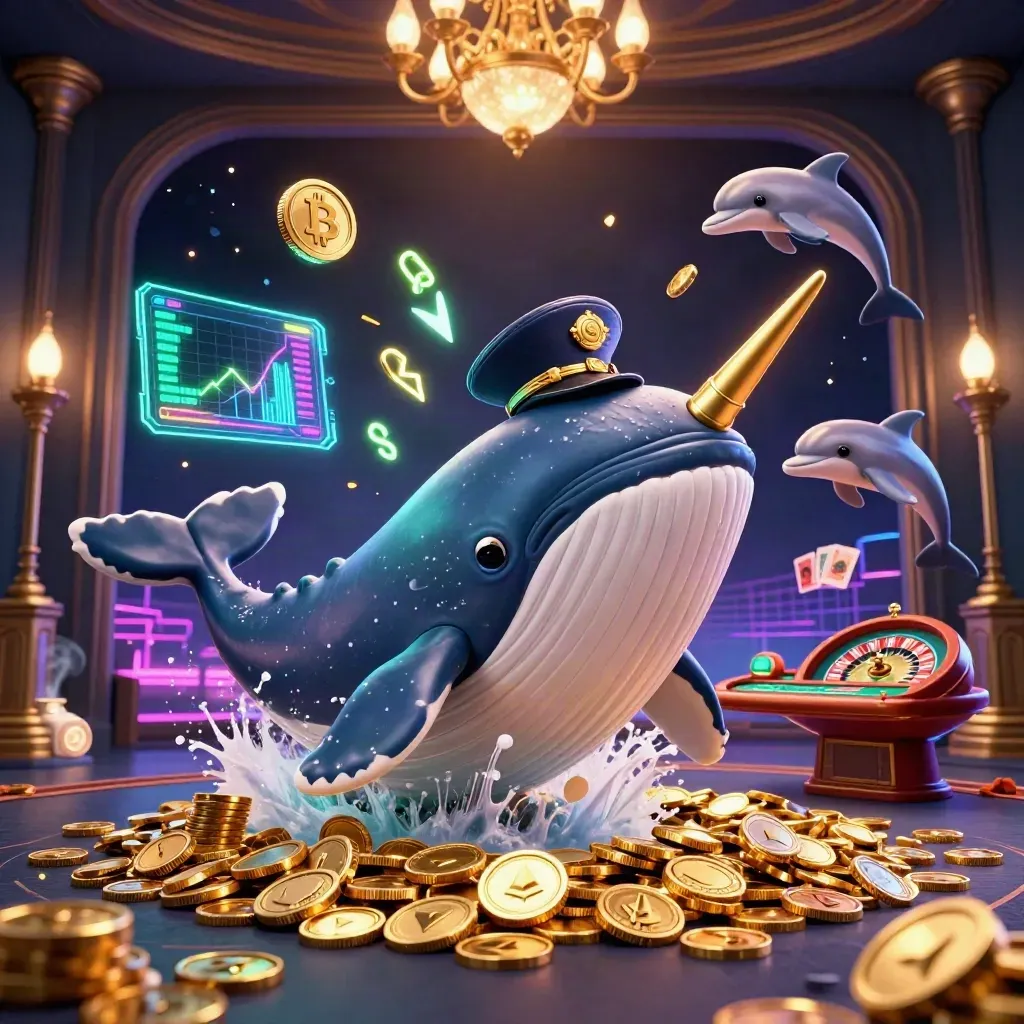 Whale captain, narwhal and dolphins in a neon casino sea with coins, charts and a spinning roulette wheel