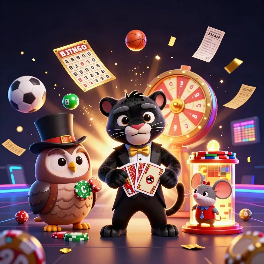 Panther, owl and mouse explode in a neon casino burst with chips, balls and gold light.