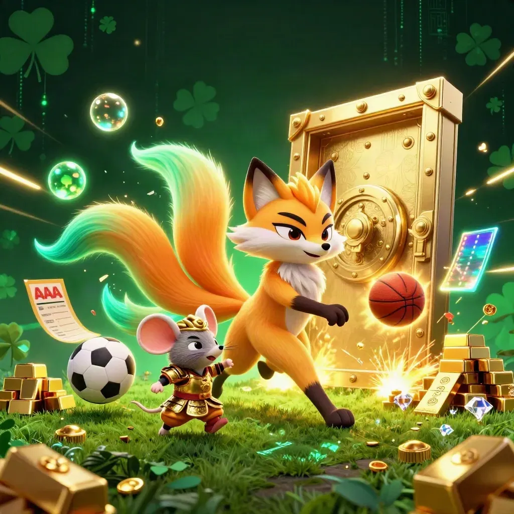 Neon fox spirit and armored mouse amid soccer and basketball chaos, gold vault burst behind.